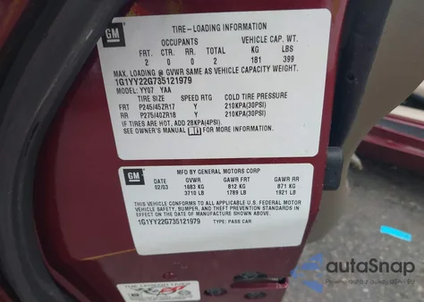 2003 Chevrolet Corvette z USA, uszkodzony, nr VIN 1G1YY22G735121979